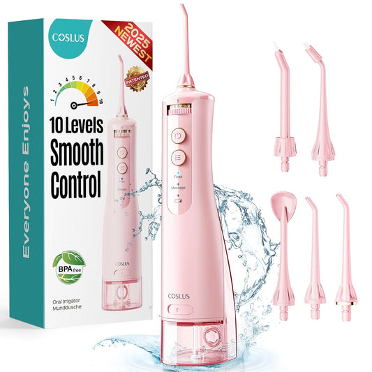 COSLUS Portable Water Flosser for Teeth: 10 Pressure Settings Professional Water Dental Pick for Orthodontic, Braces & Sensitive Gums - Cordless for Travel Use, for Adults Teens, BPA-Free, E40