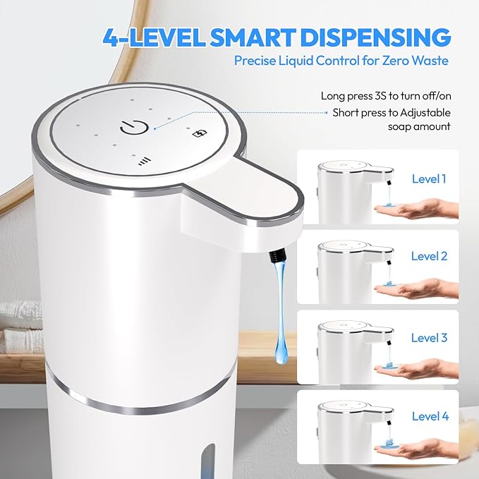 Automatic Soap Dispenser Touchless,Liquid Hand Soap Dispenser 12.8oz USB 4levels Adjustable Dispenser Electric Wall Mounted Smart for Bathroom and Kitchen Dish Soap，Easy for Toddlers(White)