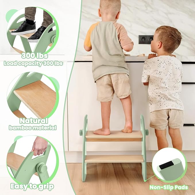 Wooden Step Stool, 300 lb. Load Capacity, with Safety Non-Slip Pads and Handles, Bamboo Step Stool for Bathroom and Kitchen, Gift for Christmas (Green)