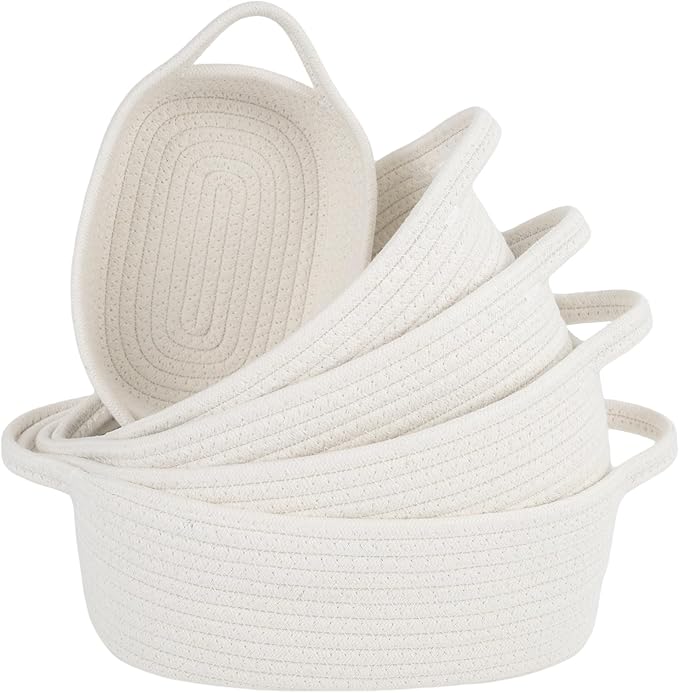 5-Piece Storage Shelf Basket Set, Natural Cotton Rope Woven Basket with Handles, Decorative Rectangle Organizer Bin for Home, Nursery, Montessori, Pet Toy Storage and Bathroom Organization, White