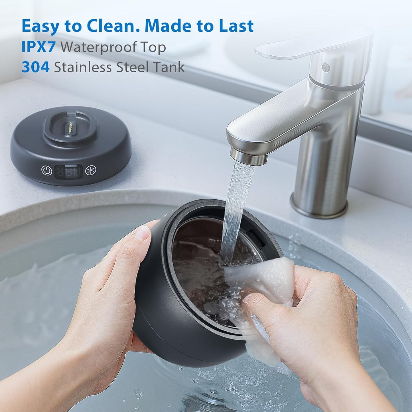 Ultrasonic Retainer Cleaner Machine, 42kHz Professional for Dentures, Aligners, Mouth Guards, Jewelry - IPX7 Waterproof Durable Removable Base and Top Cover, 3 Timer Settings, Quiet Black