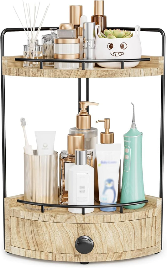 2-Tier Corner Bathroom Counter Organizer with Drawer & Embedded Screw Holes - Wooden Countertop Organizers for Skincare, Makeup Storage, Bathroom Sink Counter Shelf for Vanity, Kitchen
