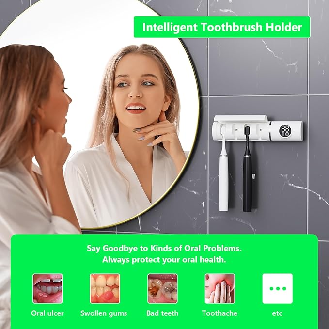 Smart Wall Mounted Toothbrush Holder with Timer, Wireless 4-Slot Toothbrush Organizer for Bathroom, Modern Smart Home Accessories & Decor, Space-Saving Wall Storage Rack for Family Use