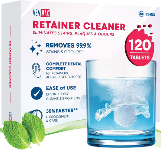 Retainer Cleaner Tablets - 120 Tablets (4 Months Supply) - Denture Cleaning, Removes Stains & Odours, Freshens Aligners, Mouthguards, Nightguards - Perfect for Ultrasonic Retainer Cleaner