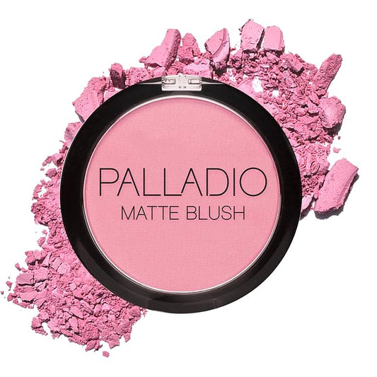 Palladio Matte Blush, Brushes onto Cheeks Smoothly, Soft Matte Look and Even Finish, Flawless Velvety Coverage, Effortless Blending Makeup, Flatters the Face, Convenient Compact, Berry Pink