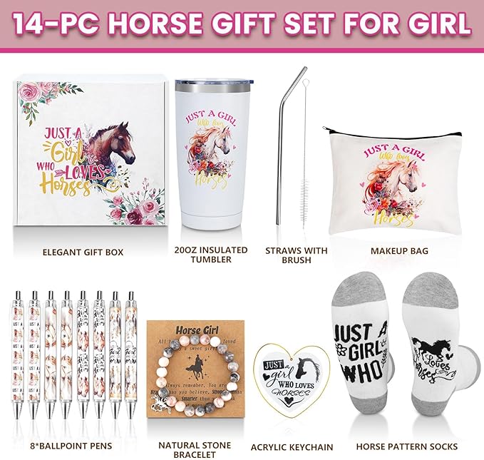 Horse Gift for Girls Horse Gifts for Horse Lovers 13pcs Gift Set with Tumbler Makeup Bag Socks Bracelet Ballpoint Pens Acrylic Keychain Birthday Gifts for Women Valentines Day Gifts for Her