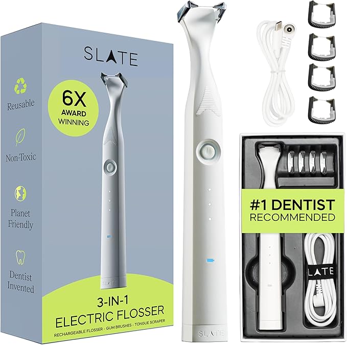 Slate Electric Flosser - Orthodontic Set | 3-in-1 Dentist-Invented with Reusable Floss Heads, Gum Brushes & Tongue Scraper | More Effective Than String or Water Floss