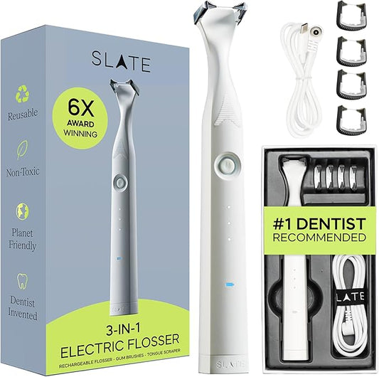 Slate Electric Flosser - Orthodontic Set | 3-in-1 Dentist-Invented with Reusable Floss Heads, Gum Brushes & Tongue Scraper | More Effective Than String or Water Floss