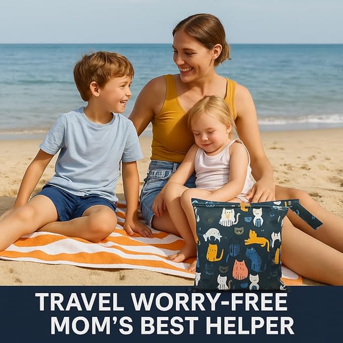 Waterproof Wet Dry Bag, Reusable Diaper Pouch with Zipper, Machine Washable Travel Organizer for Beach, Daycare, Kids, Dinosaur Pattern (Blue Cat)