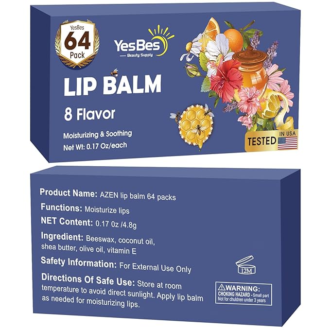 64 Pack Lip Balm, Natural Lip Balm Bulk with Vitamin E and Coconut Oil, Moisturizing Lip Balms for Dry Cracked Lips, Lip Balms for Stocking Stuffers - 8 Flavors