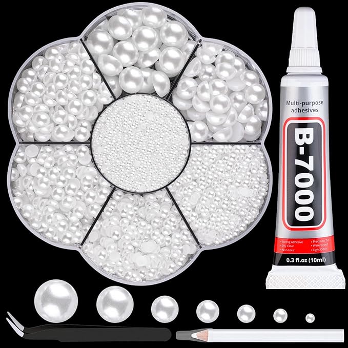 Nail Art Flat Back Half Round Pearl Kits, Mixed Sizes 6000 Pcs with B7000 Jewelry Glue White Small Pearls for Nails with Picking Tools for Graduation Cap Decorations Home DIY Body Face Craft Use