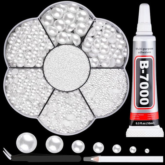 Nail Art Flat Back Half Round Pearl Kits, Mixed Sizes 6000 Pcs with B7000 Jewelry Glue White Small Pearls for Nails with Picking Tools for Graduation Cap Decorations Home DIY Body Face Craft Use