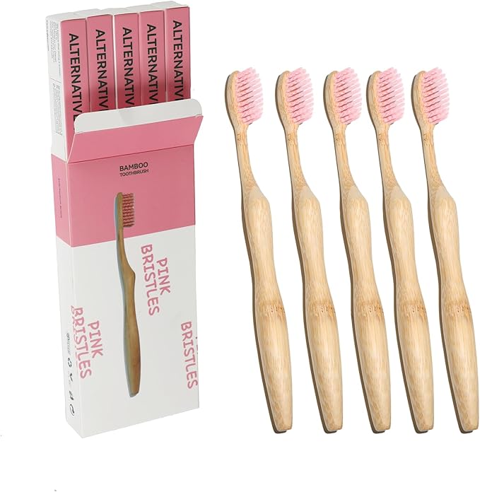 Bamboo Toothbrushes for Adults, BPA Free Bristles, Medium Soft, 5 PCS Bamboo Toothbrush for Dental Hygiene, Gum Care, Compostable, Eco Friendly, Compostable and Sustainable (Pink)