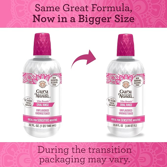 GuruNanda Alcohol-Free Mouthwash, Unflavored & Unsweetened, Gentle on Sensitive Mouths, 12-Hour Fresh Breath, No Artificial Additives, Made in The USA, 33.8oz