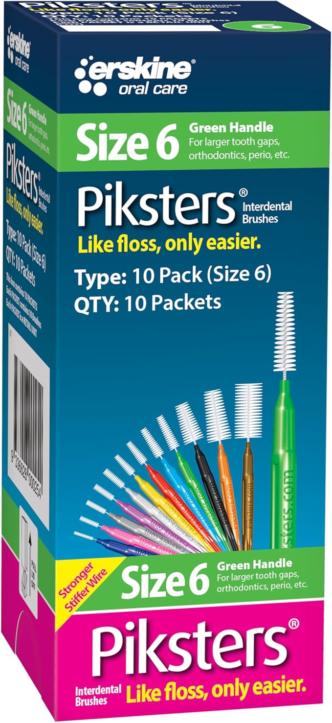 Piksters Interdental Brushes, Size 6, 100 Count (10 x 10 Packs), Interdental Tooth Brush for Larger Gaps, Gum Soft Bristles for Plaque Removal, Safe for Braces (100pk)