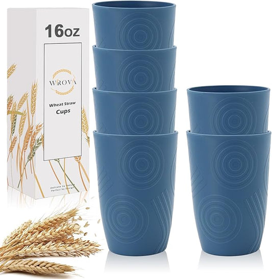 Wrova Wheat Straw Water Cups 16oz with Etched Pattern - Alternative Plastic Drinking Glasses Set of 6 - Reusable Tumbler Cups for Kids - Navy Blue
