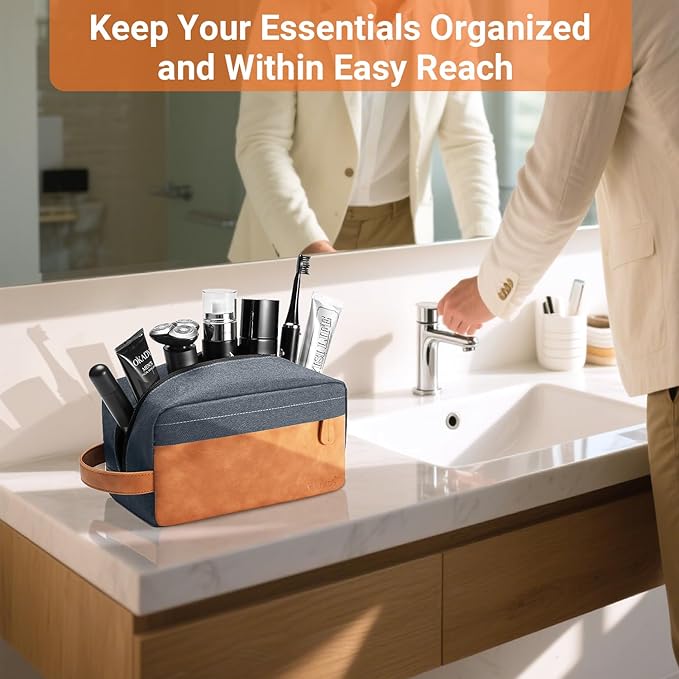 Elviros Travel Toiletry Bag for Men, Hanging Toiletries Bag Water Repellent Dopp Kit PU Leather Travel Bag for Toiletries Accessories, Navy Blue