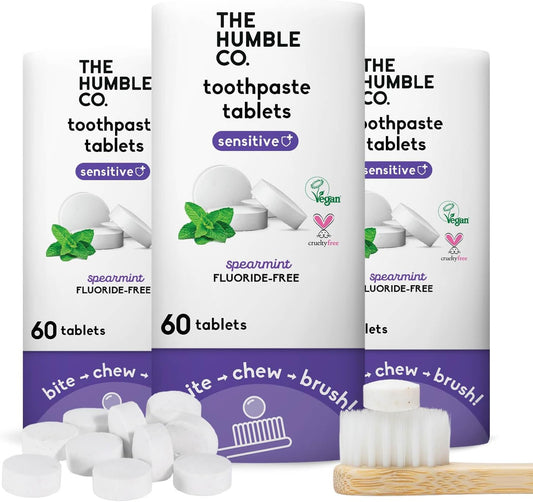 The Humble Co. Sensitive Toothpaste Tablets – Fluoride Free Toothpaste Tablets for Sensitive Teeth and Gums, Dentist Developed Formula, Vegan, SLS Free, Plastic Free (Spearmint, 3PK)