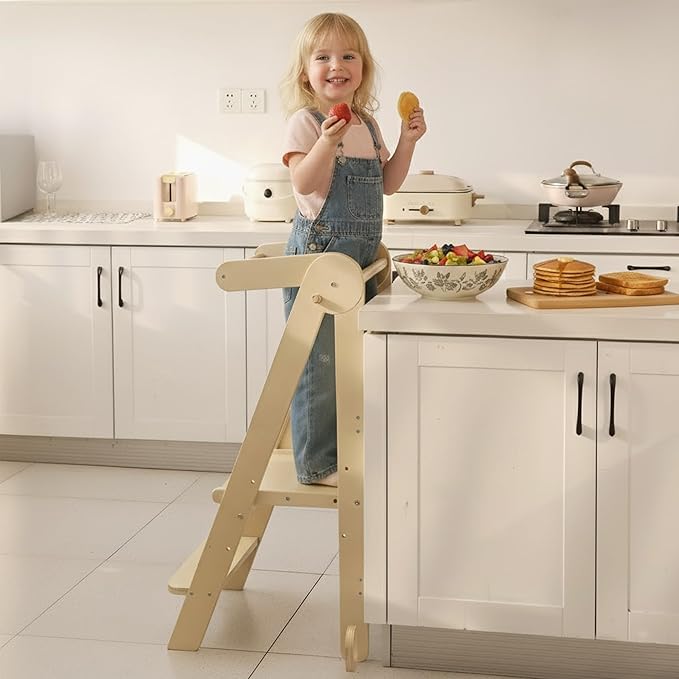 Foldable Toddler Tower 95% Preassembled Kitchen Stool Helper Folding Step Stool for Kids with 3 Adjustable Height Montessori Toddler Standing Tower for Kitchen Counter Sink Natural