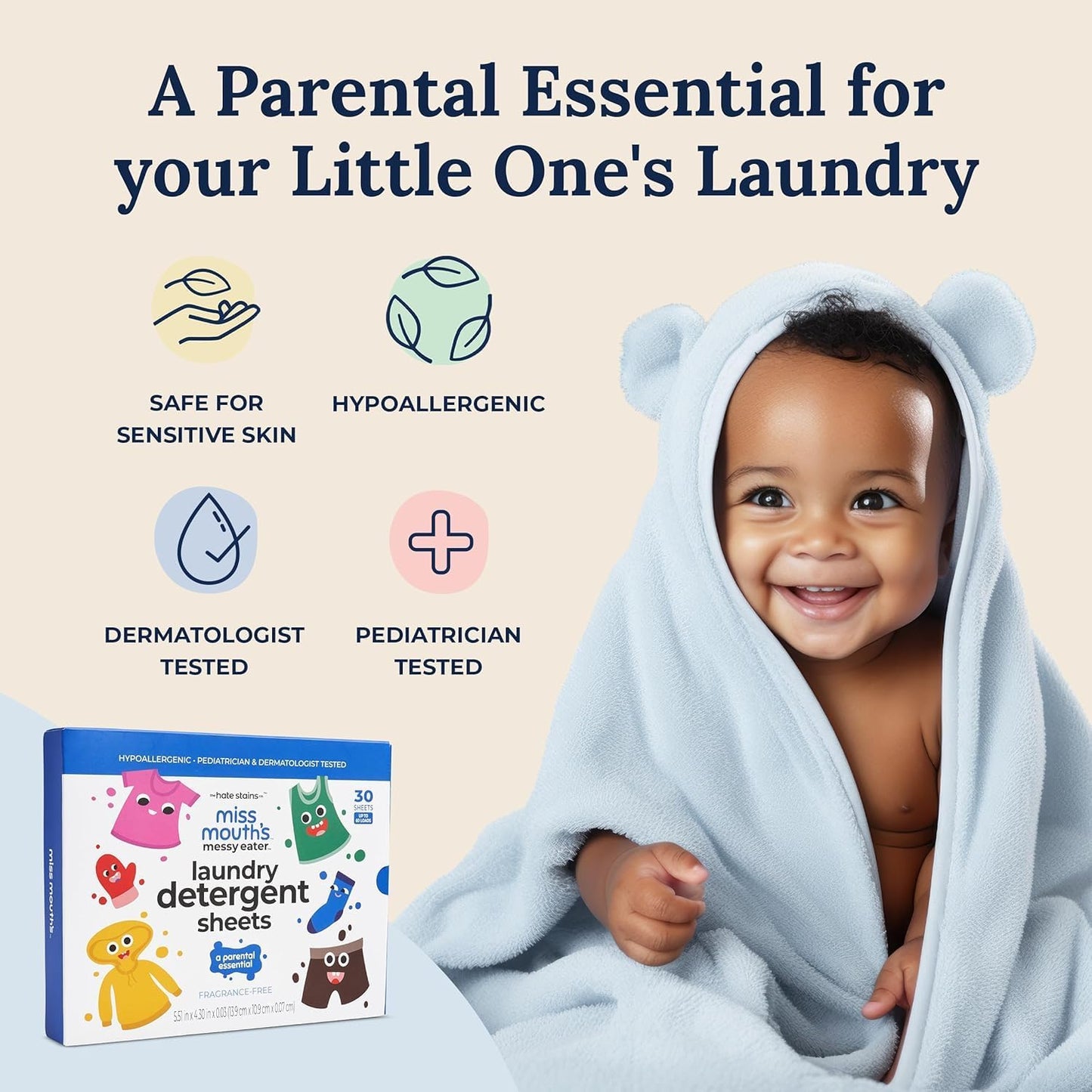 Miss Mouth's Messy Eater Laundry Detergent Sheets - 120 Loads Travel Friendly Detergent Sheets - Hypoallergenic, Sensitive Skin Safe, Pediatrician and Dermatologist Tested, Fragrance Free