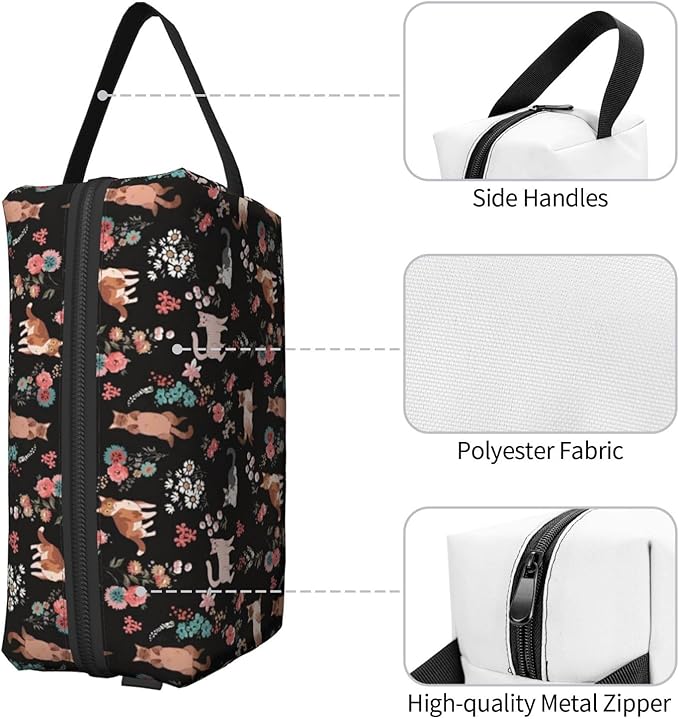 Cat and Floral Toiletry Bag for Women Men Portable Travel Wash Bag Waterproof Gym Shaving Toiletries Cosmetic Organizer Bag, Shower Bathroom Toiletries Accessories Makeup Bag with Handle