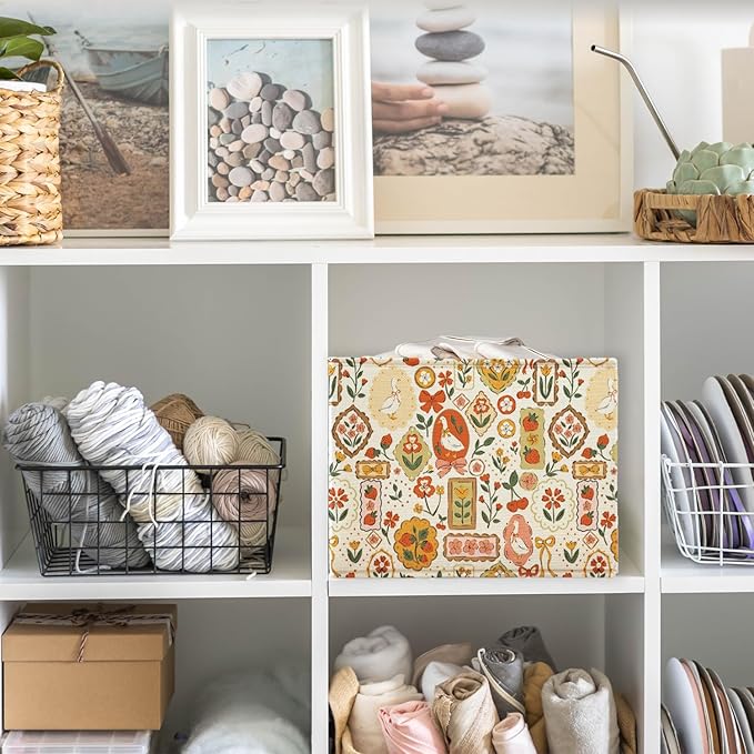 Funny Silly Goose Florals Cute Storage Basket Organizer Bins With Handles,Rectangle Cherries Foldable Nursery Decorative Baskets for Home shelves Bedroom Bathroom Clothes Toys Books Toybox