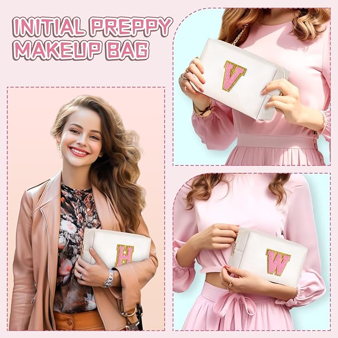 TOPEAST Christmas Gifts for Women Teen Girls - Stocking Stuffers for Teen Girls Gifts Trendy Stuff, Travel Makeup Bag, Initial Cosmetic Bag Toiletry Pouch (White A)