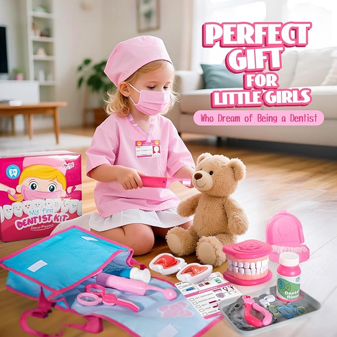 ULOVEME Pink Doctor Kit for Toddlers 3-5 with Costume - Dentist Kit for Kids with Teeth Model /Removable Teeth /Braces /Retainer - Toys for 4 Year Old Girls - Preschool Dramatic Play (Pink)