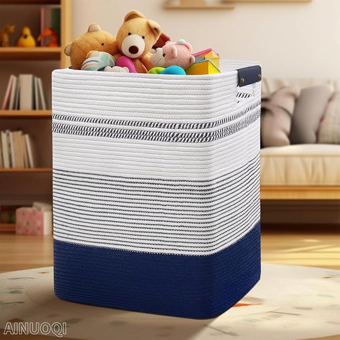 Large Laundry Basket - Tall Woven Rope Laundry Hamper with Leather Handles - Dirty Clothes hamper for Living room, Bedroom, 17.8" X 13.8" X 22", Dark Blue & White