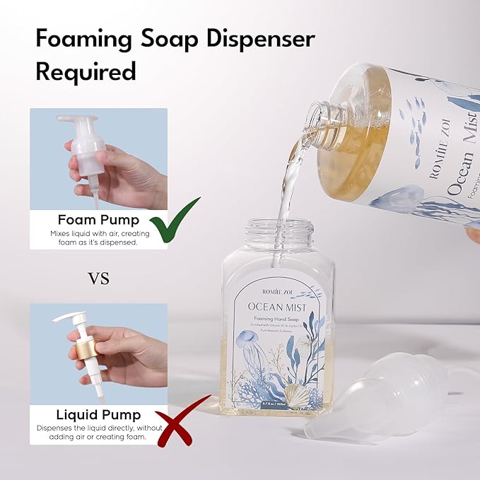 ROMIIE ZOI Hand Soap Refills, Foaming Hand Soap Natural Plant Moisturizing Handsoap Fragrance Ocean Mist - Soft Hand Wash for Kitchen & Bathroom - with Foam Soap Dispenser 1L/33.8oz Pack 0f 3