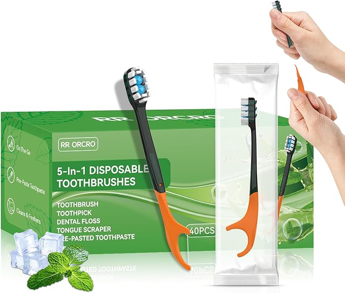 40Pack Disposable Toothbrush with Toothpaste All-in-One Oral Care Prepasted Individually Wrapped 5-in-1 Mini Toothbrush with Toothpick, Flosser, Tongue Cleaner, Perfect for Travel & On-The-Go (40P)