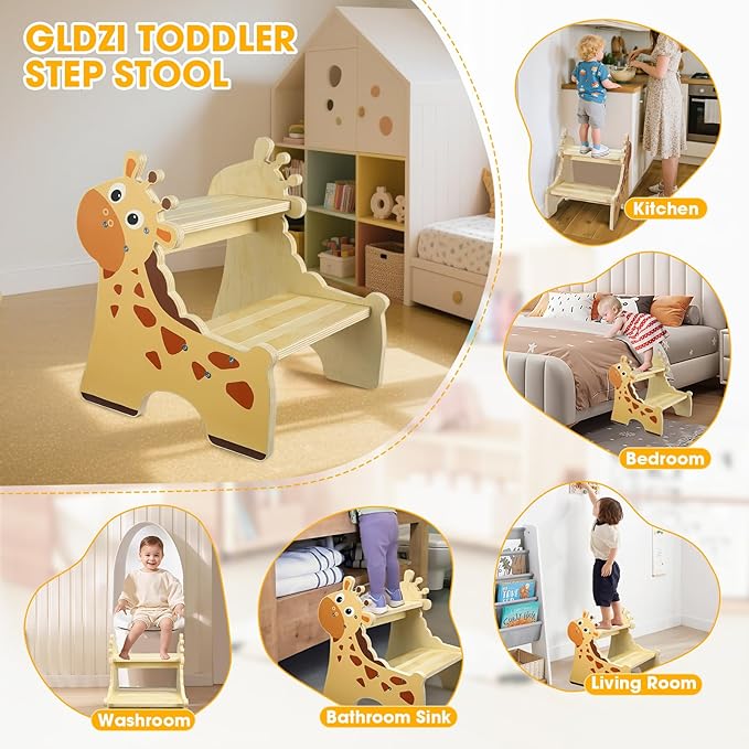 Toddler Step Stool, 2-Step Wooden Step Stool for Toddlers with Non-Slip Base, Cute Printed Design Potty Training Stool for Bathroom Sink, Kitchen & Bedroom (Giraffe)