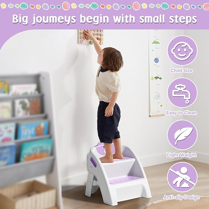 TPN Toddler Step Stool for Bathroom Sink and Potty Training Durable Anti-Slip,Anti-Tip A-Frame,10-Second Assembly, 2-Step Potty Stool with Wide Steps (Purple)