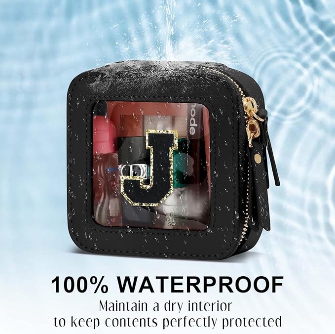 Initial Travel Toiletry Bag - Cosmetic Bags for Girls with Zipper, Clear & Potable Girls Makeup Bag for Travel, Small Cosmetic Pouch Perfect Gifts for Graduation (Black, J)