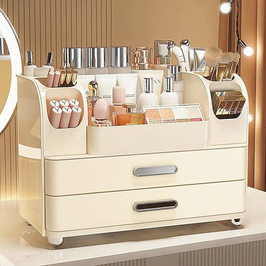 Makeup Organizer with Drawers for Vanity,Bathroom Countertop Organizer with Brushes Holder,Skincare Storage Organizer,Perfect Cosmetic Display Case for Your Beauty Essential (All Cream)