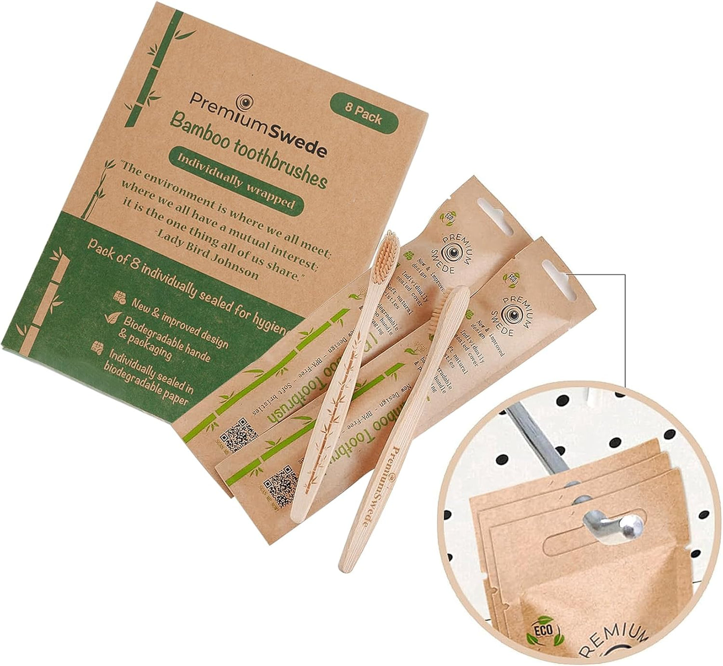 Bamboo Toothbrushes Soft Bristles Adult - 8 Pack Eco-Friendly Bamboo Toothbrushes Individually Wrapped - Sealed Soft Bristle Toothbrush - Biodegradable Natural Wooden Toothbrush