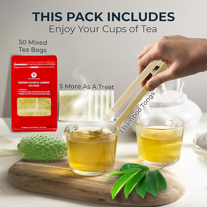 Soursop Leaf Tea with Celastrus Hindsii & Licorice - 55 Count (+5 Tea Bags) - 4.44 oz, Bamboo Tong Include, Re-Steep Corn Based Tea Bags, Natural Herbal Tea for Comfort Relax