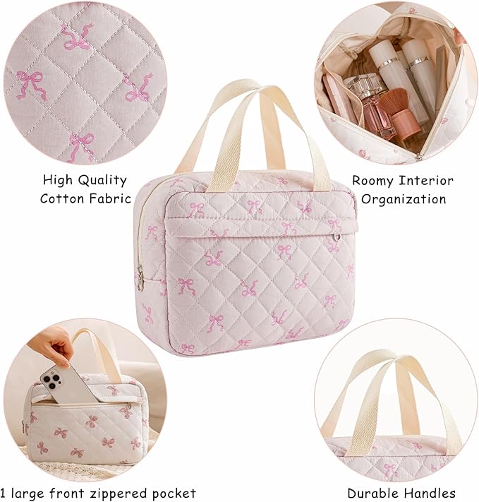 Large Size Quilted Coquette Makeup Bag, Cute Preppy Floral Cotton Travel Cosmetic Organizer Bag with Top Handle, Multi-Layer Travel Toiletry Pouch for Girls(06Small Pink Bow)