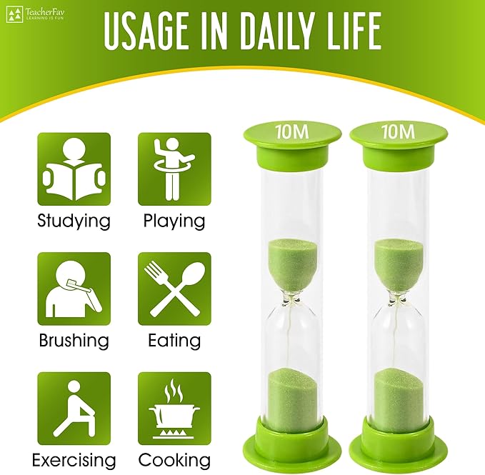 Sand Timer for Kids - 10 Minute Set of 4 Hour Glass - Green Color- Acrylic Covered for Classroom, Home & Kids Room