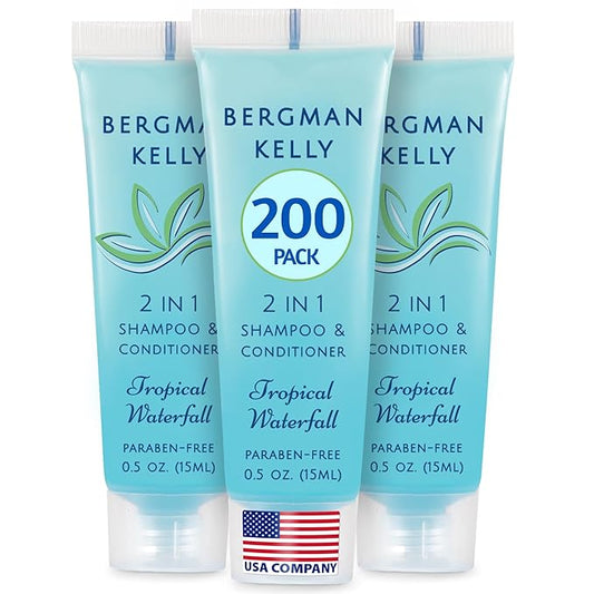 Bergman Kelly - Travel Size 2 in 1 Shampoo & Conditioner - 0.5 fl oz, 200 PK, Tropical Waterfall - Delight Your Guests w/Invigorating & Refreshing Shampoo Amenities - Small Hotel Toiletries in Bulk