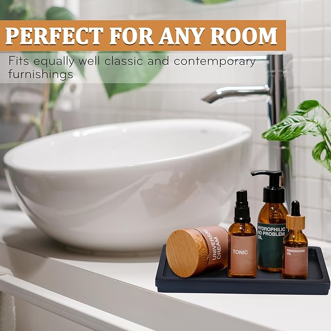 Acacia Wood Decorative Vanity Tray - 11.8 x 5.9 inches Suitable for Countertop Bathroom Sink Dresser Toilet Tank - Modern Decor Tray for Keys Wallets Towels Perfumes Plant Pots (Black)