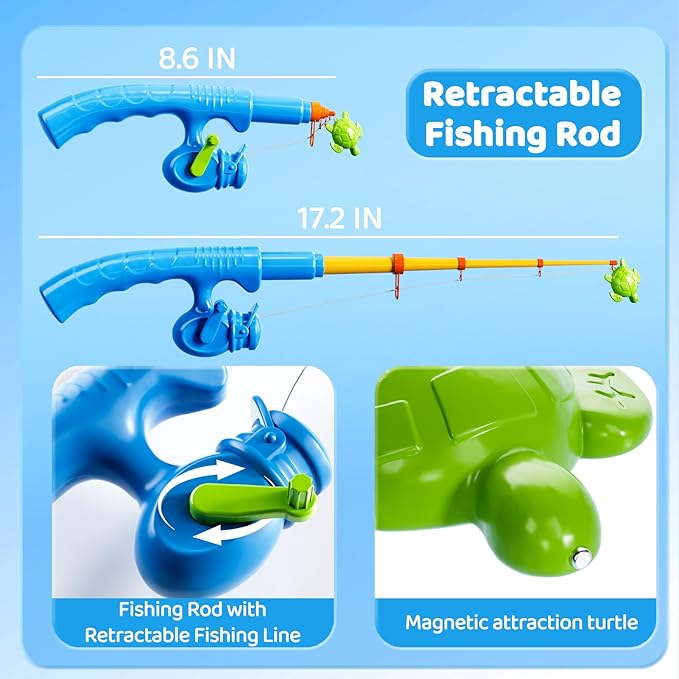 Magnetic Fishing Pool Toys Game for Kids Toddlers 3-5 4-8, Fishing Water Table Bathtub Toy with Inflatable Pool Pole Rod Net Plastic Floating Fish, Water Bath Pool Outdoor Toys for Kids Toddlers Baby