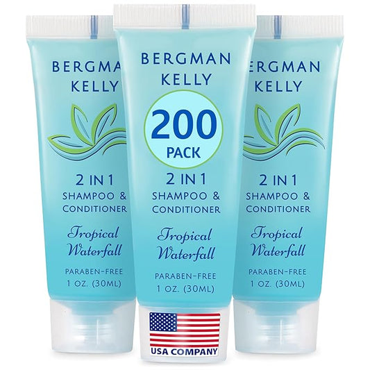 Bergman Kelly - Travel Size 2 in 1 Shampoo & Conditioner - 1 fl oz, 200 PK, Tropical Waterfall - Delight Your Guests w/Invigorating & Refreshing Shampoo Amenities - Small Hotel Toiletries in Bulk