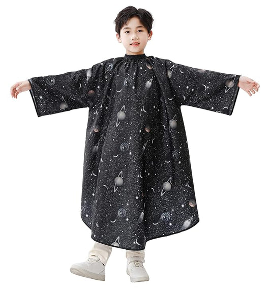 Kids Hair Cutting Cape with Sleeves, Kids Barber Cape Haircut Cape for Boy & Girls, Professional Salon or Home Hair Cut Cape-Black Space Printing