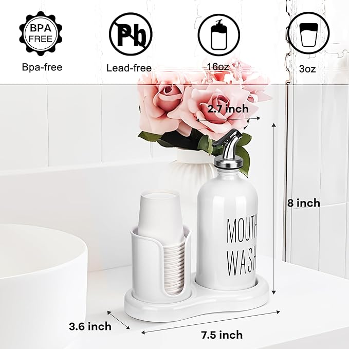 Mouthwash Dispenser for Bathroom,BYAWAY Mouthwash Dispenser with Cup Holder,14 Mouthwash Cups and Funnel,Refillable Glass Mouthwash Container (White)