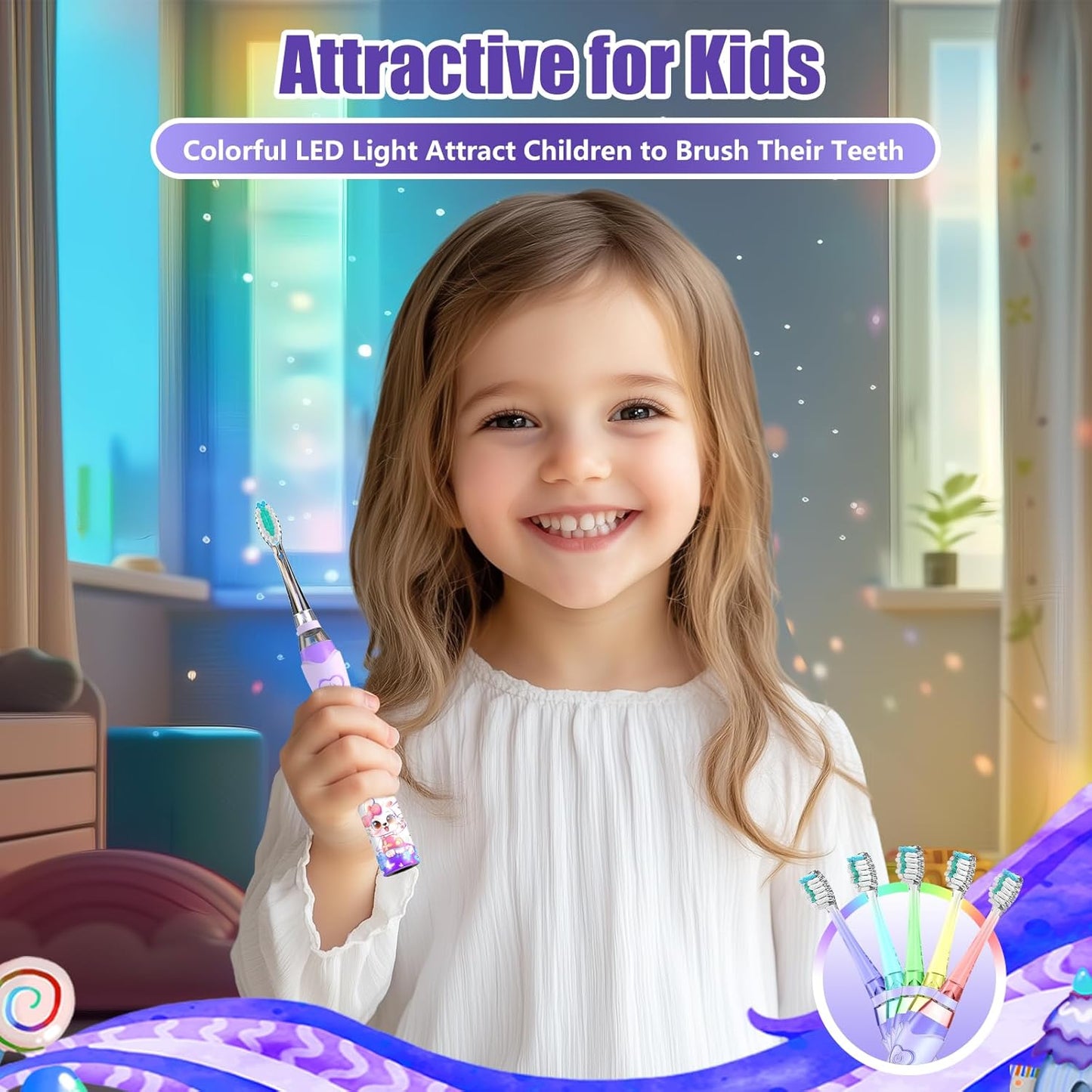 Kids Electric Toothbrush with Timer Toddler Toothbrush Age 2-4-8-12 Girls Electric Toothbrush Rainbow LED Light Up Vibrating Toothbrush Battery Operated Childrens Sonic Tooth Brush (Rabbit Purple)