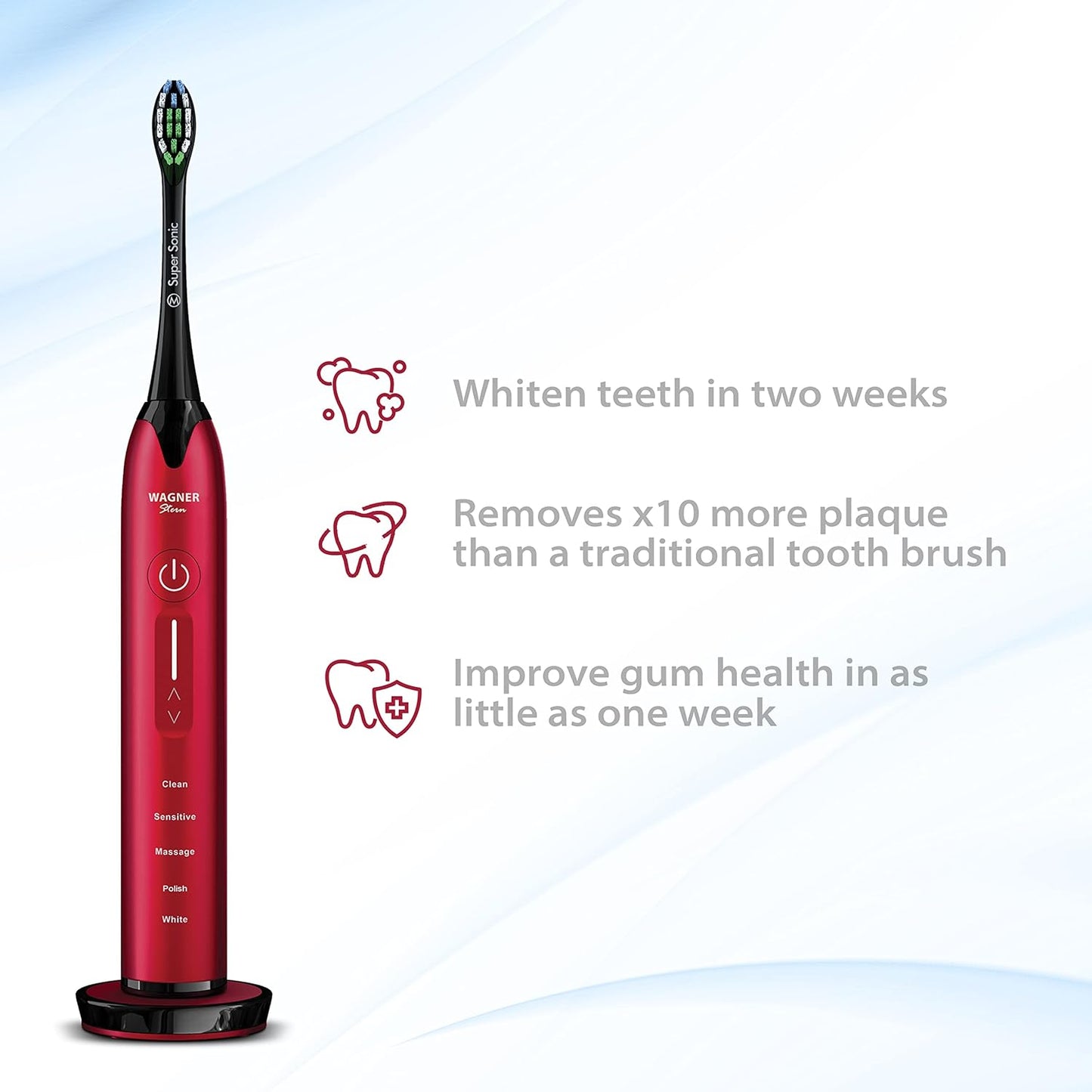 Wagner Stern Ultrasonic whitening Toothbrush with Pressure Sensor. 5 Brushing Modes and 4 Levels of Intensity, 8 Soft bristles, Travel case.