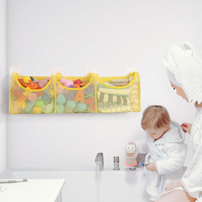 Goowin Bath Toy Storage, Bath Toy Holder, 3 Compartment Large Openings Bath Toy Organizer, Large Capacity Bath Tub Toy Holder, Kids Bathtub Toy Storage For Accessing & Sorting Toys (Yellow, Regular)