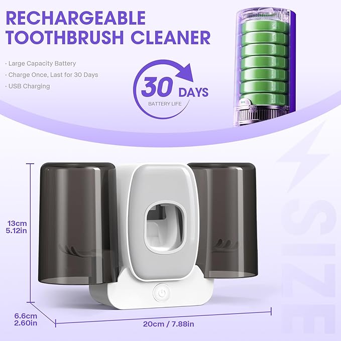 3 in 1 Toothbrush Cleaner Holders,Rechargeable Wall Mounted Toothbrush Holder Toothpaste Dispenser Automatic 2 Cups Tooth Brush Holder for Bathroom, No Drilling, 4 Slots (Grey)