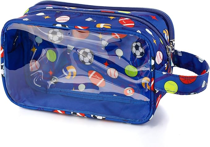 Kids Toiletry Bag for Boys, Travel Clear Toiletry Bag for Little Young Boys Waterproof Hanging Wash Bag Toddler Traveling Toiletries, Blue Soccer Balls